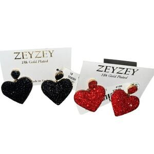 NWT ZEYZEY Red Black CZ Pave Heart Earrings 18K Gold Plated Set Gift Sparkly